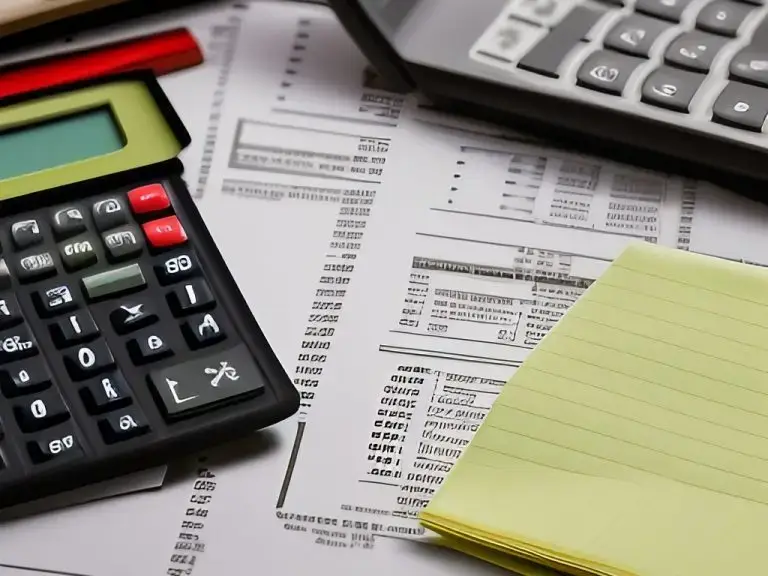 Various forms from a professional accountant sits at a table. tax paperwork and is being reviewed next to two calculators.